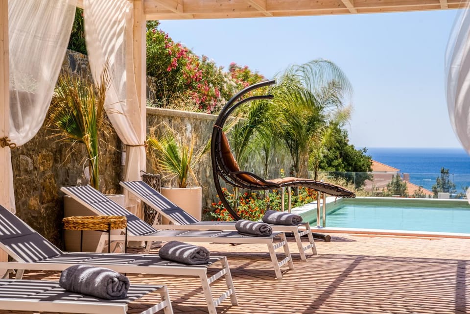 Patio, Day, Natural landscape, Summer, View (from property/room), Pool view, Sea view, Swimming pool, Time of day, sunbed