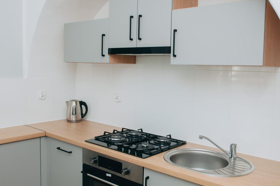 Kitchen or kitchenette, stove
