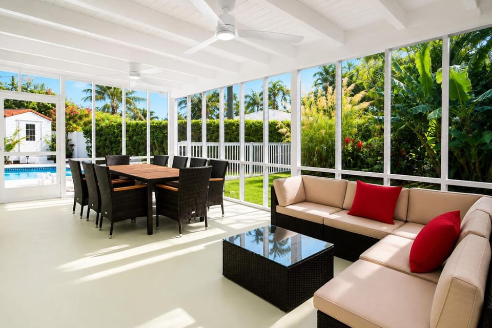 Patio, Seating area, Dining area, Pool view