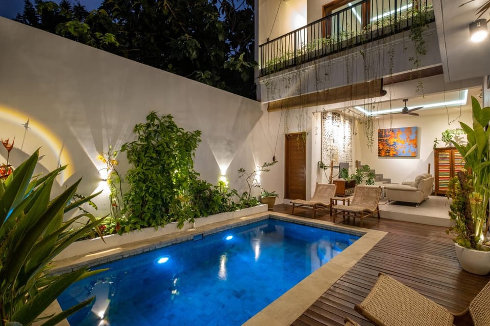 Night, Garden, Swimming pool, Swimming pool