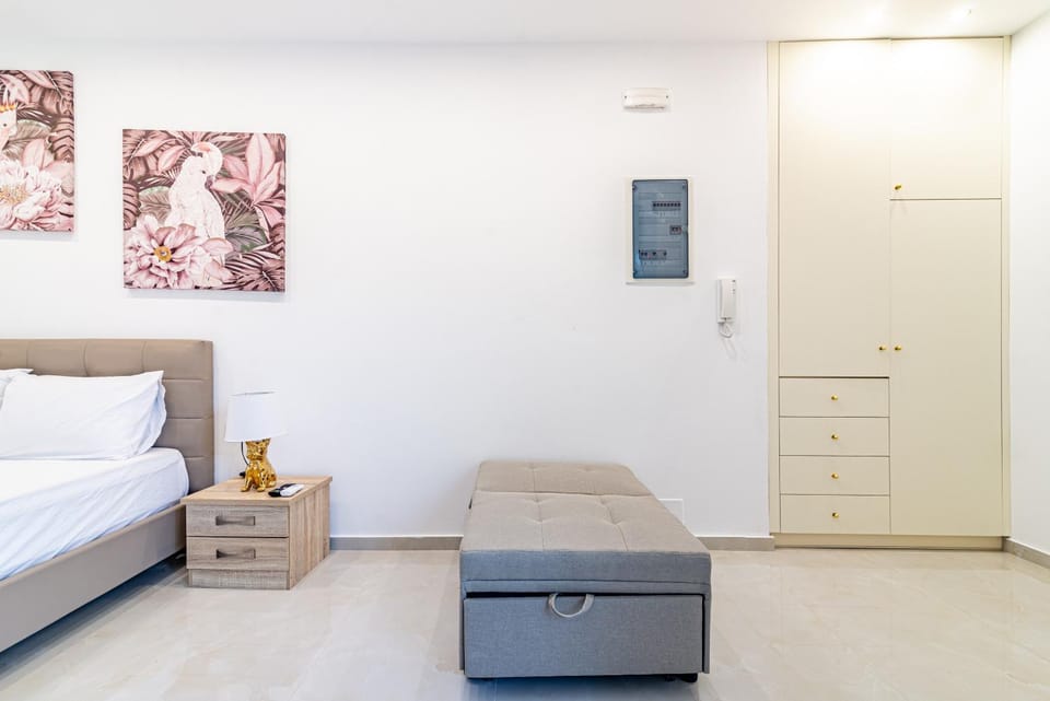 Bed, wardrobe