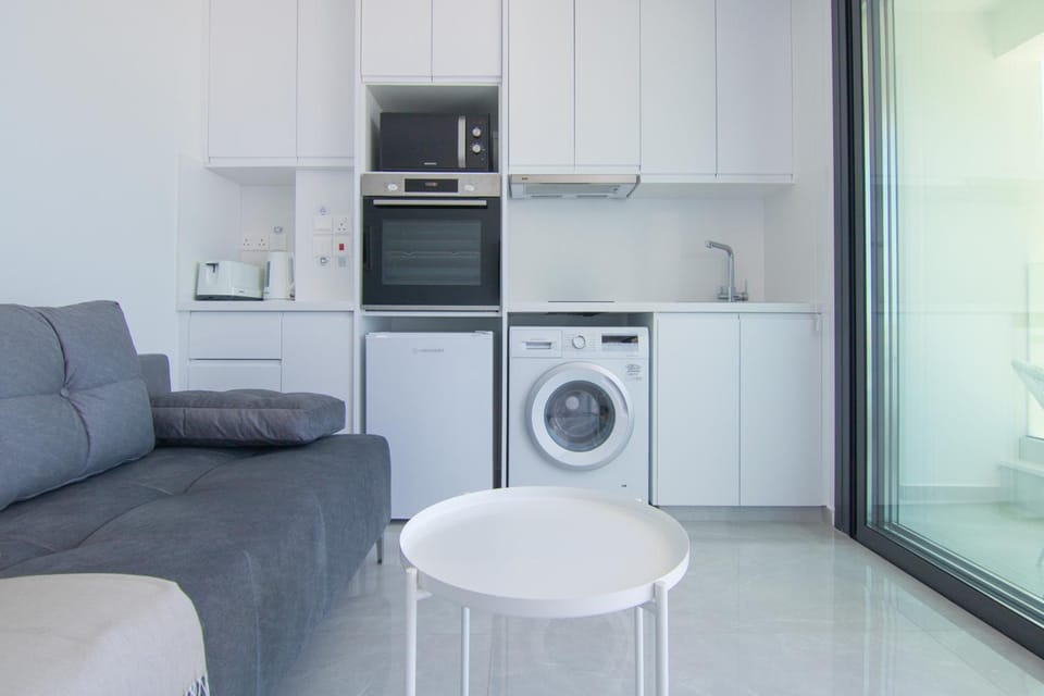 Kitchen or kitchenette, Living room, Seating area, minibar, pet friendly, washing machine