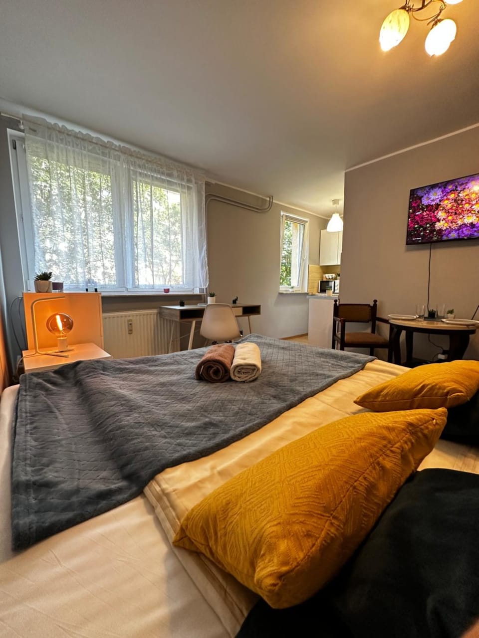 Bed, TV and multimedia, Living room, Photo of the whole room, Decorative detail, Seating area, Bedroom, internet
