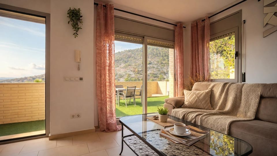 Balcony/Terrace, Living room, Garden view, Mountain view, Sunset