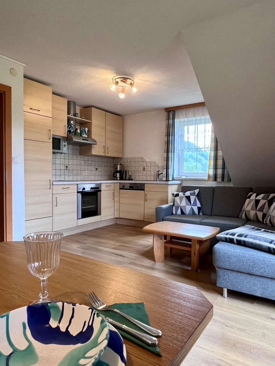 Kitchen or kitchenette, Living room, Seating area, Dining area, dishwasher, stove