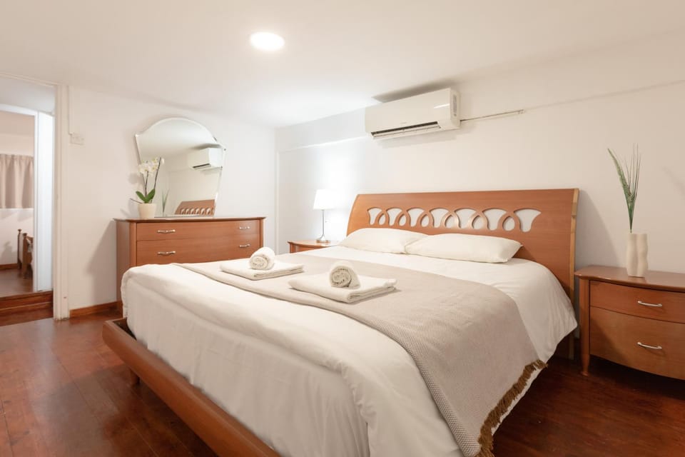 Bed, Photo of the whole room, Bedroom, towels, air conditioner