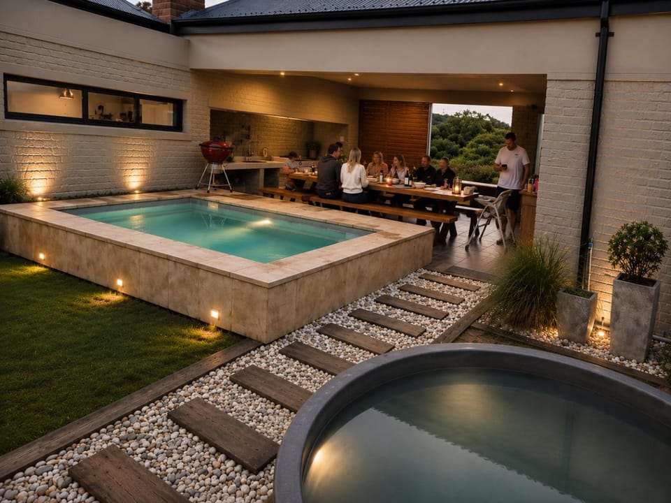 Property building, Patio, BBQ facilities, BBQ facilities, Hot Tub, Hot Tub, Pool view, Swimming pool, Swimming pool, group of guests