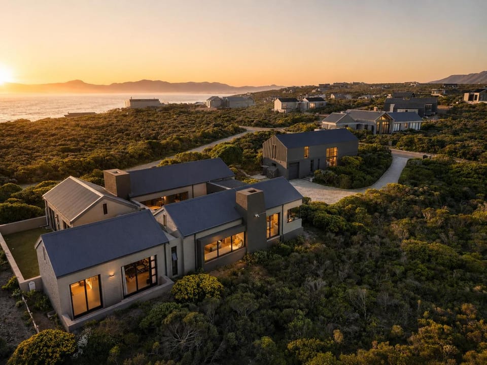 Property building, Neighbourhood, Natural landscape, Bird's eye view, Sunset
