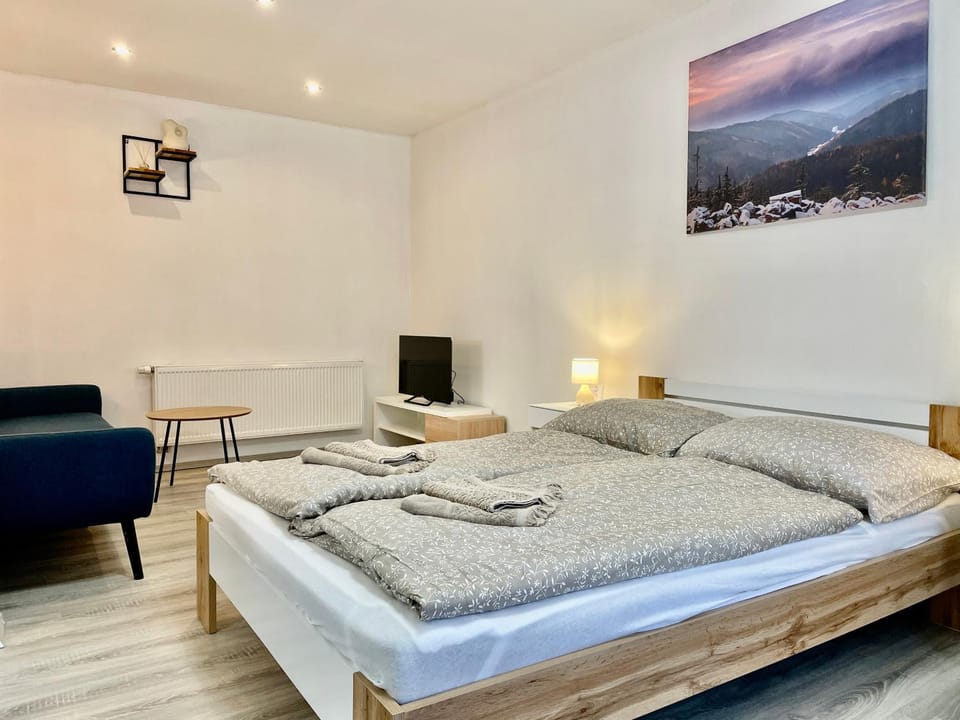 Bed, TV and multimedia, Living room, Photo of the whole room, Seating area, Bedroom, towels