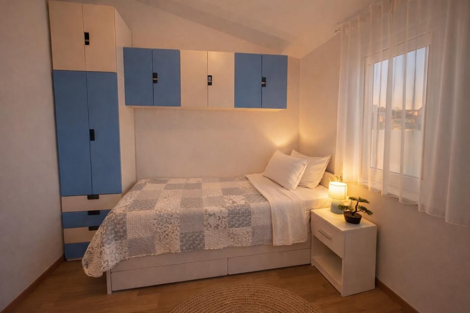 Bed, wardrobe