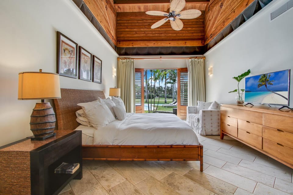 Bed, TV and multimedia, Bedroom, Pool view, fireplace