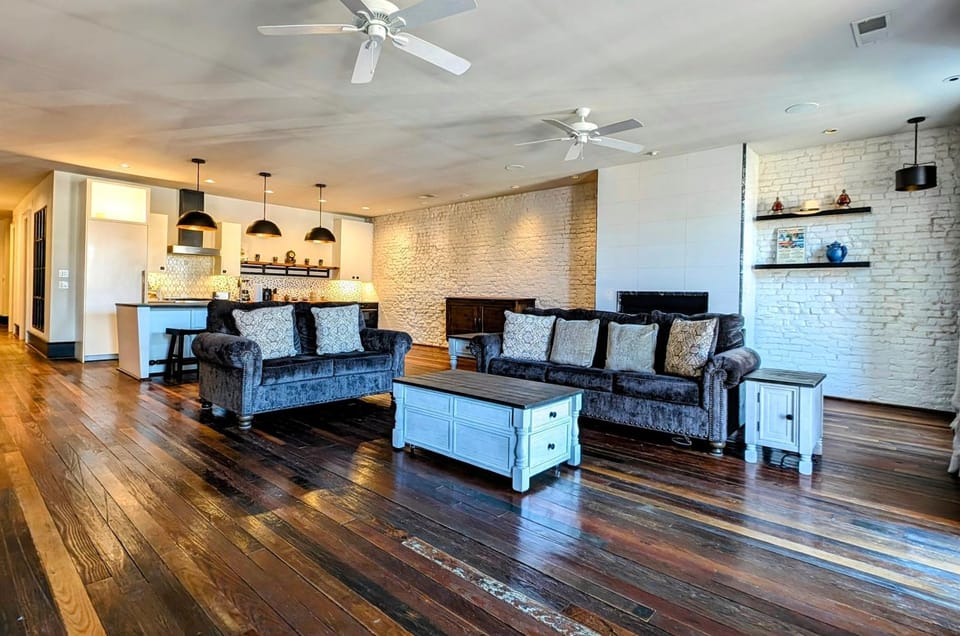 Living room, Seating area, fireplace, flat iron