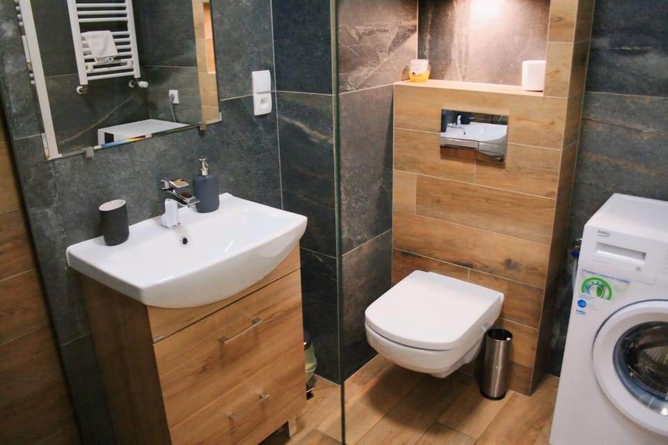 Shower, Toilet, Bathroom, towels, washing machine, dryer
