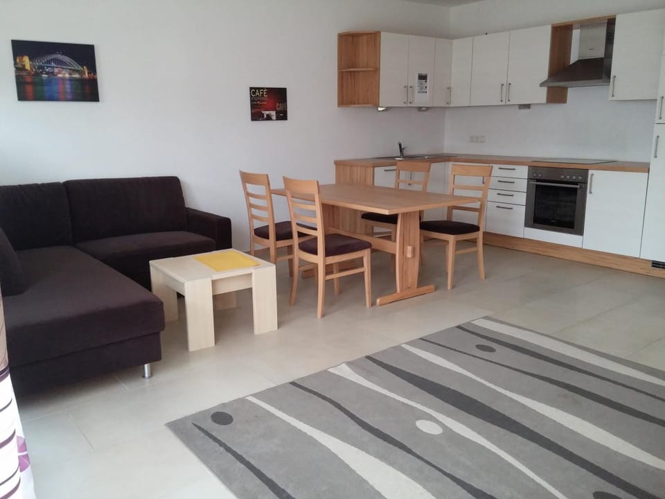 Kitchen or kitchenette, Living room, Seating area, Dining area, stove