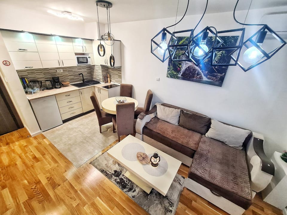 Kitchen or kitchenette, Living room, Seating area, Dining area