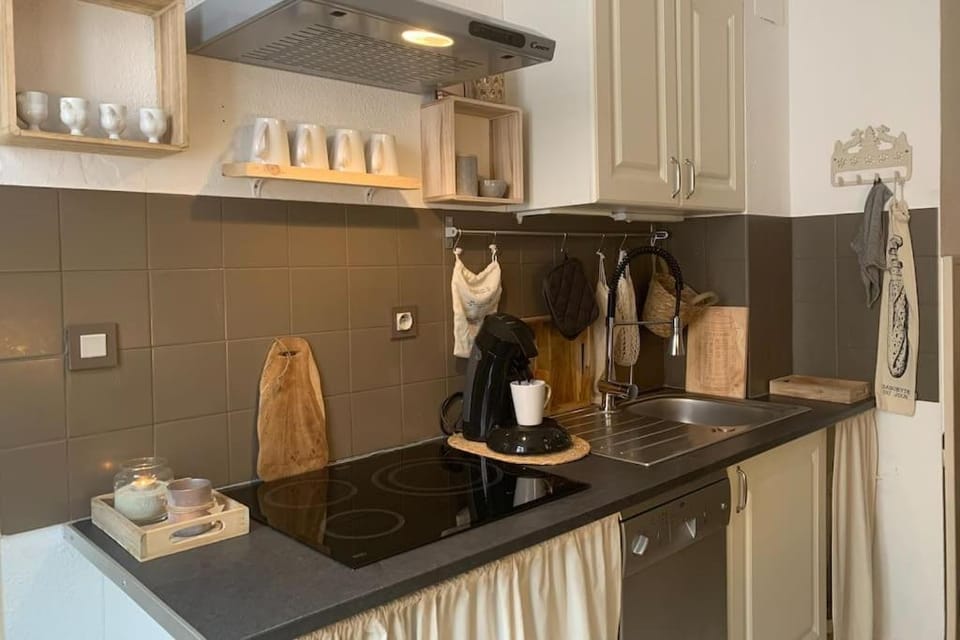 Kitchen or kitchenette, dishwasher, stove