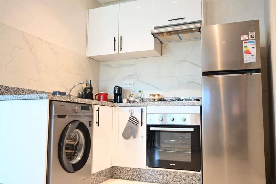 Kitchen or kitchenette, minibar, oven, stove, washing machine