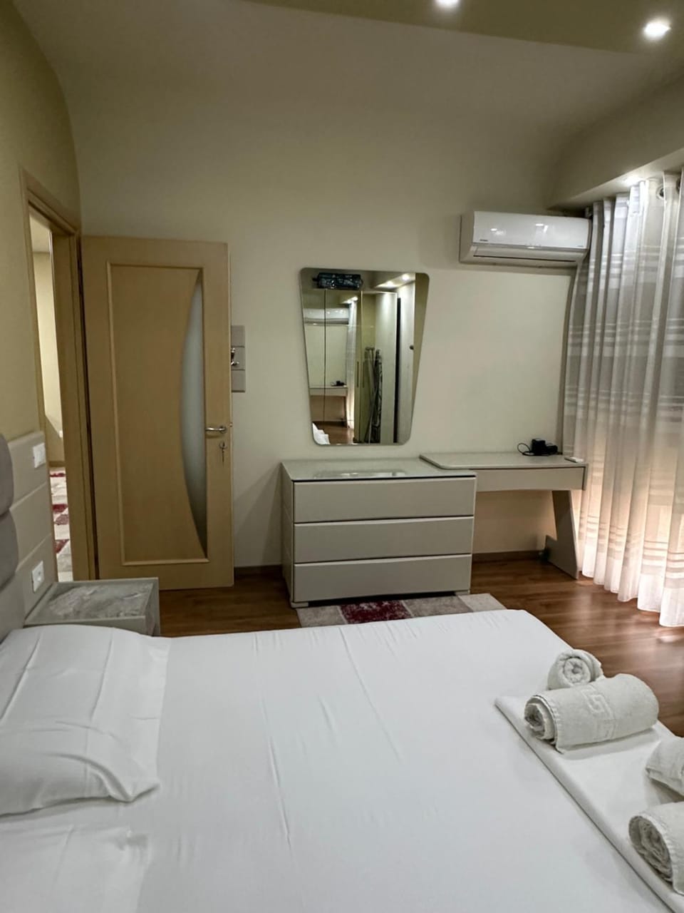 Bed, Photo of the whole room, Bedroom, towels, wardrobe, air conditioner