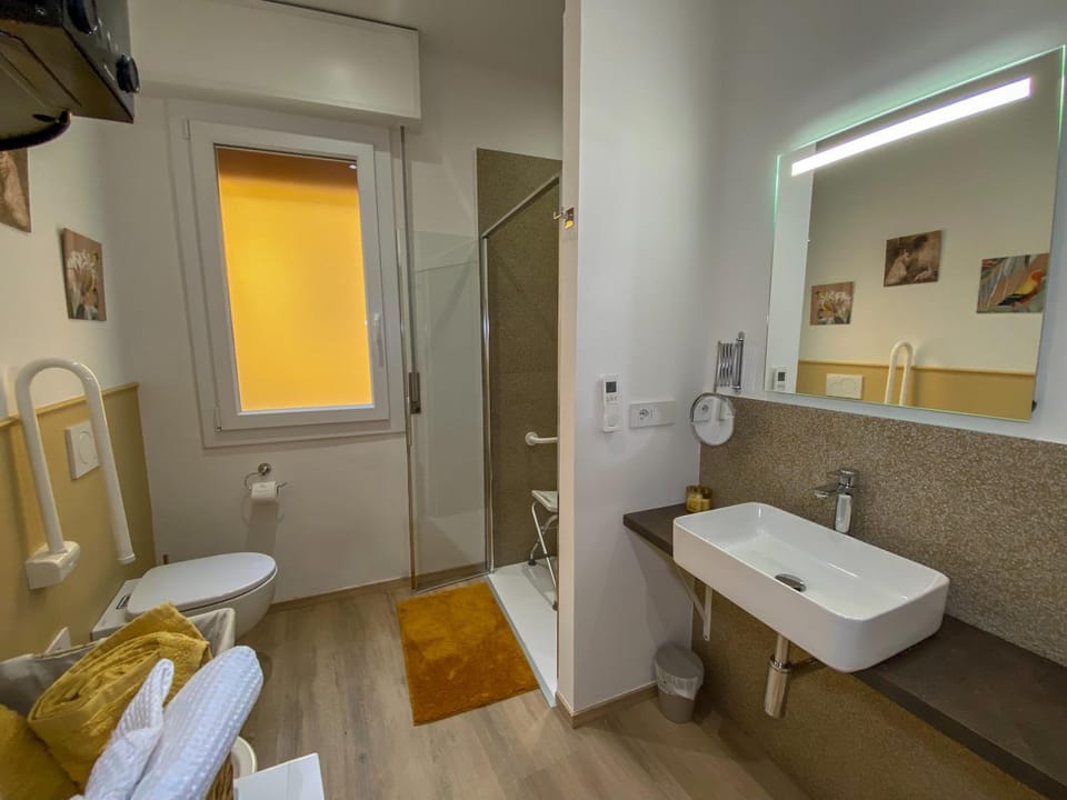 Shower, Toilet, Bathroom, Facility for disabled guests, bidet, towels, washing machine