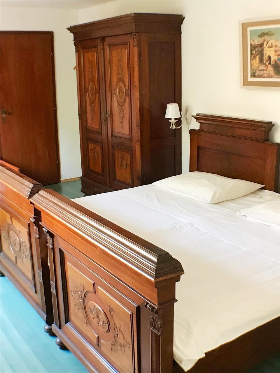 Bed, Decorative detail, Bedroom, Garden view