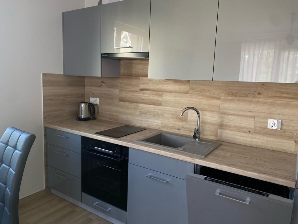 Kitchen or kitchenette, stove