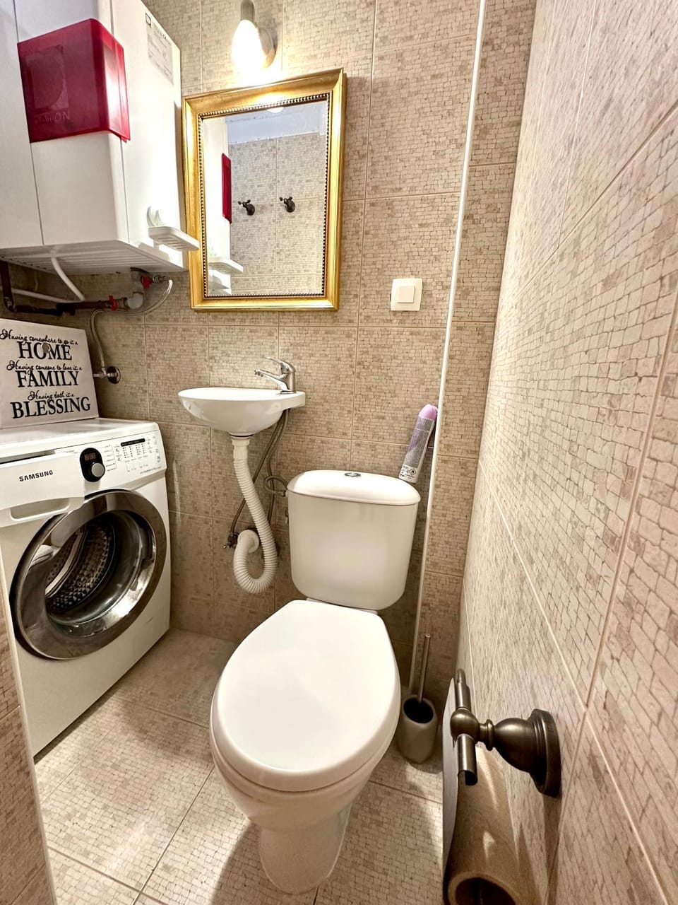 Toilet, towels, washing machine