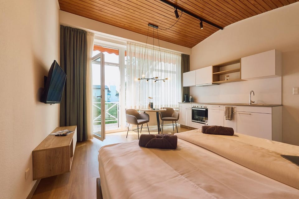 Bed, TV and multimedia, Kitchen or kitchenette, Living room, Photo of the whole room, Seating area, Bedroom