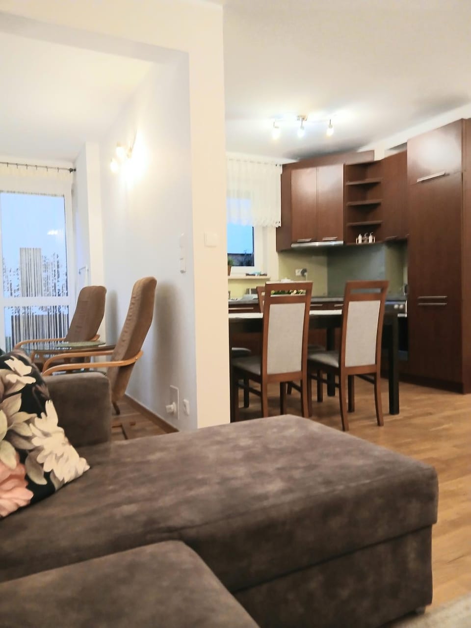Kitchen or kitchenette, Living room, Seating area, Dining area