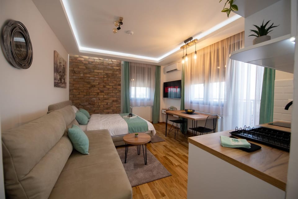 Bed, TV and multimedia, Kitchen or kitchenette, Living room, Seating area, Bedroom