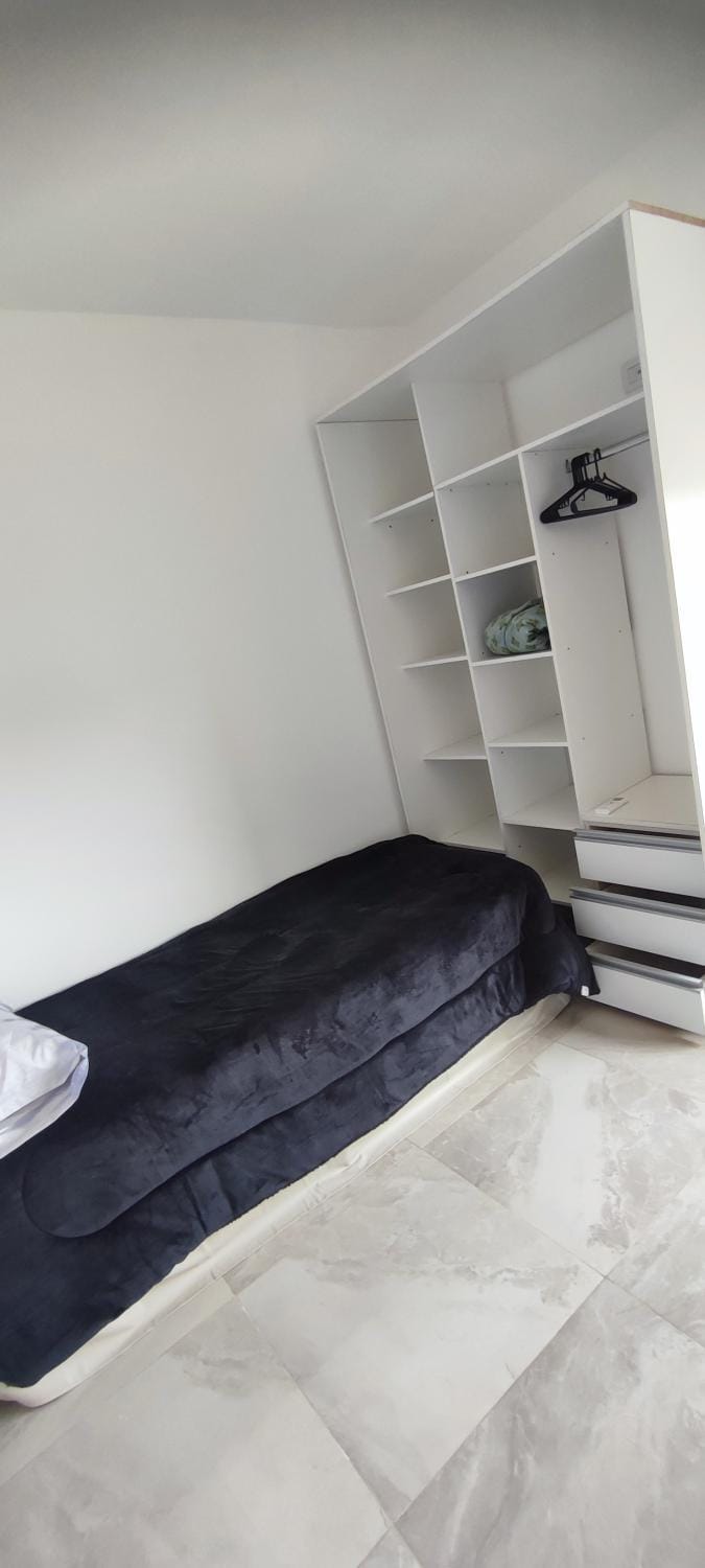 Bed, wardrobe