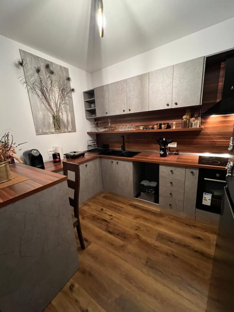 Coffee/tea facilities, Kitchen or kitchenette, Photo of the whole room, Decorative detail, Dining area, Communal kitchen, pet friendly, stove, air conditioner