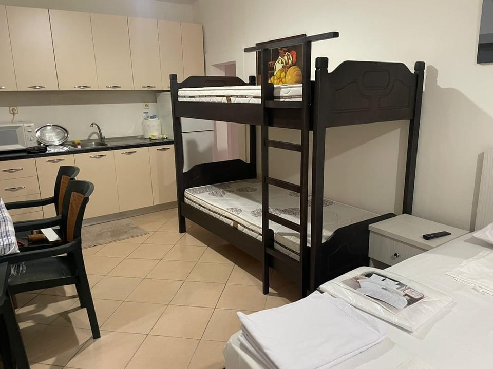 Living room, Bedroom, bunk bed, kitchen, kitchen
