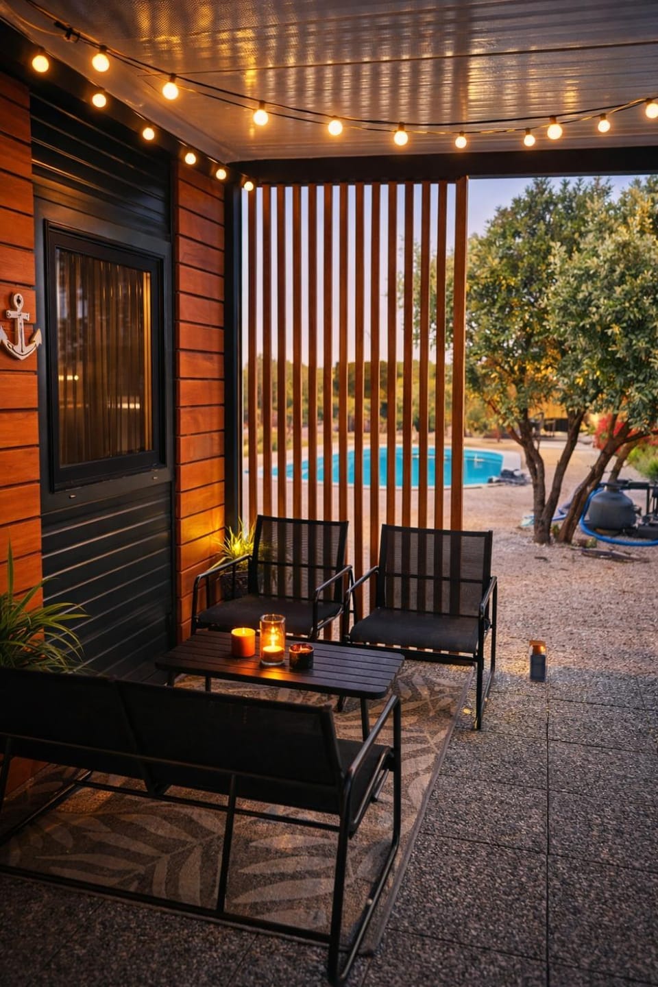 Patio, Day, Natural landscape, Living room, Seating area, Pool view, Swimming pool, sunbed