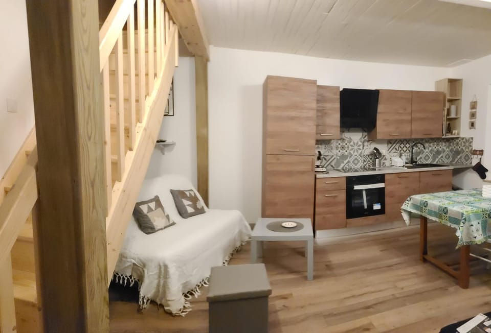 Bed, Kitchen or kitchenette, Living room, Seating area, Dining area, stove