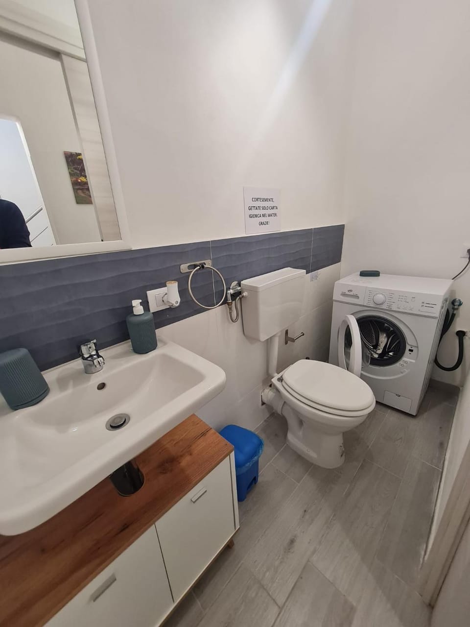 Toilet, towels, washing machine