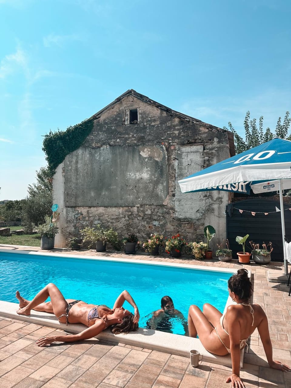 Pool view, Swimming pool, group of guests, sunbed