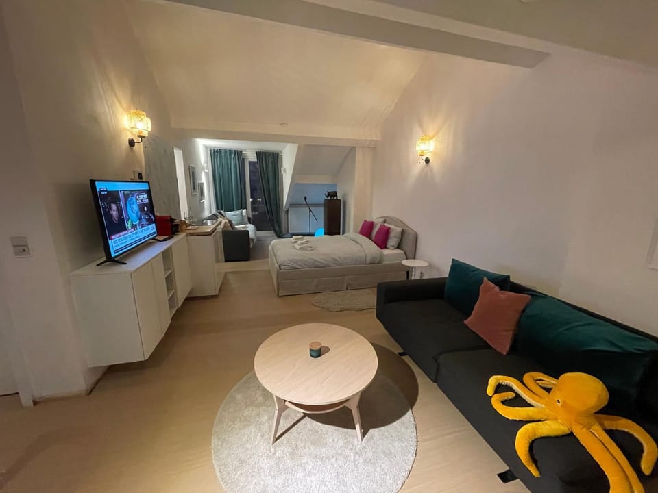 Bed, TV and multimedia, Living room, Photo of the whole room, Seating area, Bedroom