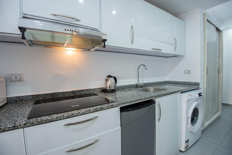 Kitchen or kitchenette, minibar, stove, washing machine