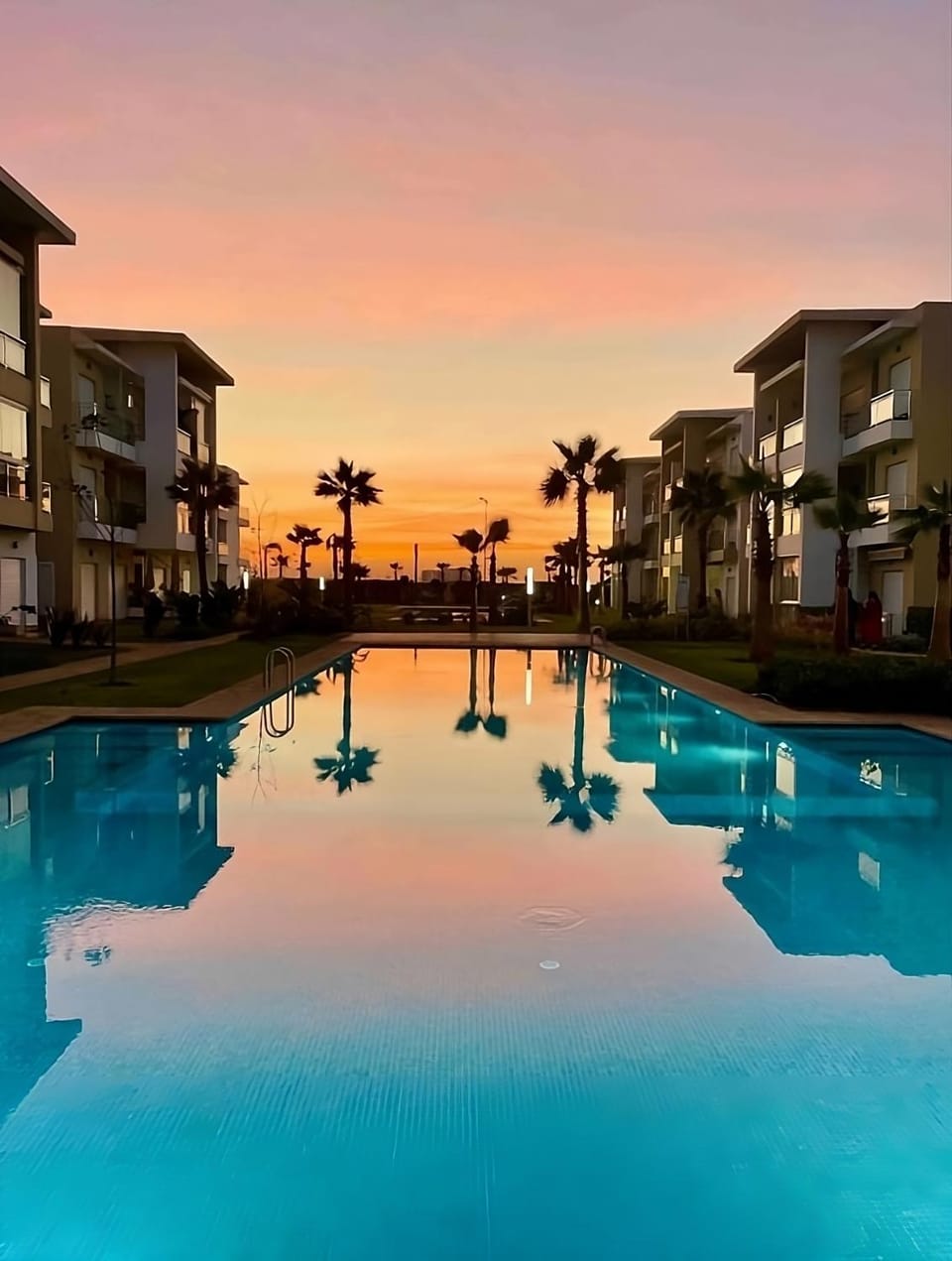 Natural landscape, Pool view, Swimming pool, Sunset, sunbed