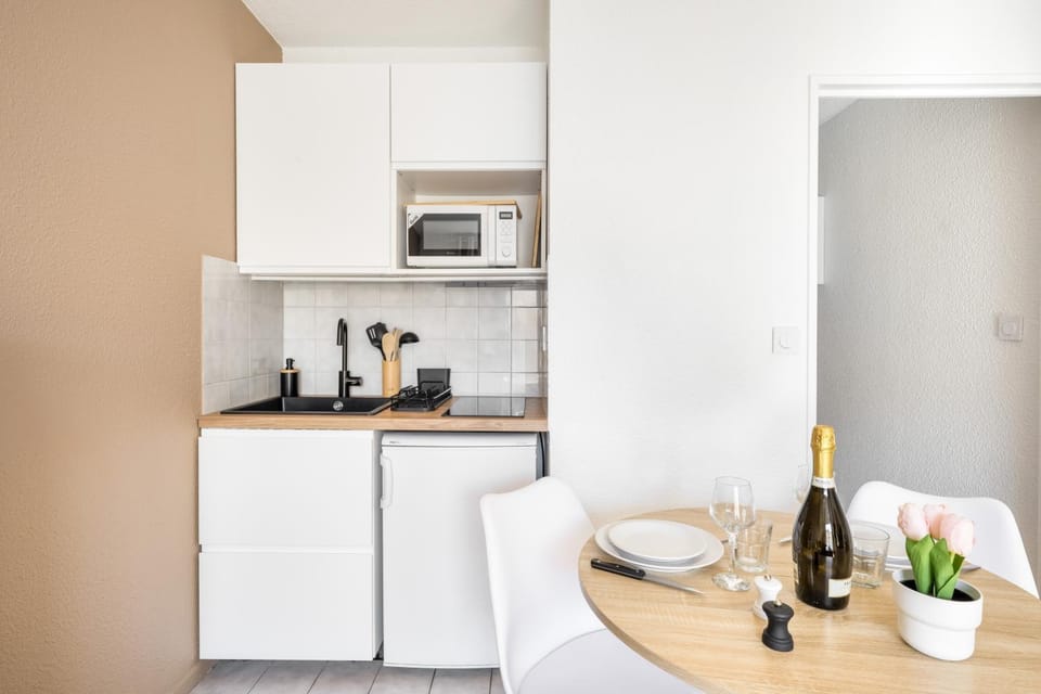 Kitchen or kitchenette, microwave