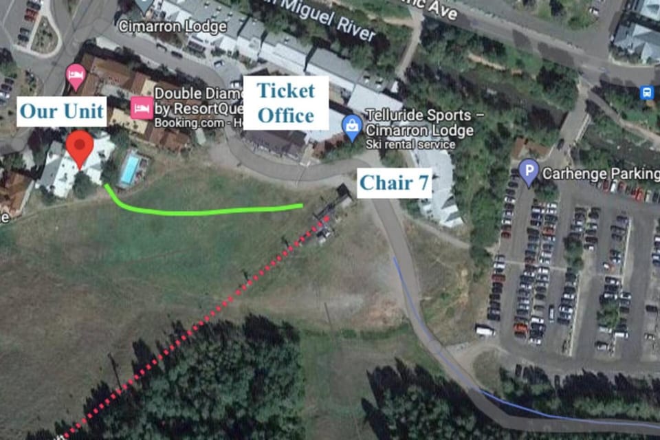 Nearby landmark, Bird's eye view, Skiing, Text overlay, Parking