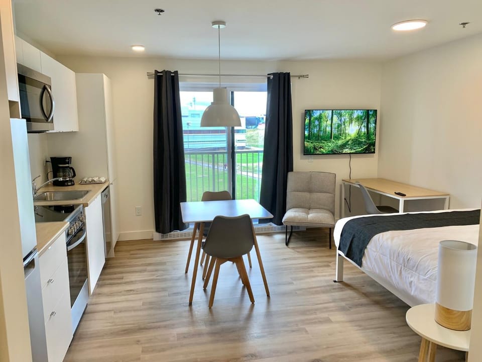 Bed, TV and multimedia, Kitchen or kitchenette, Photo of the whole room, Seating area, Dining area, Bedroom, oven