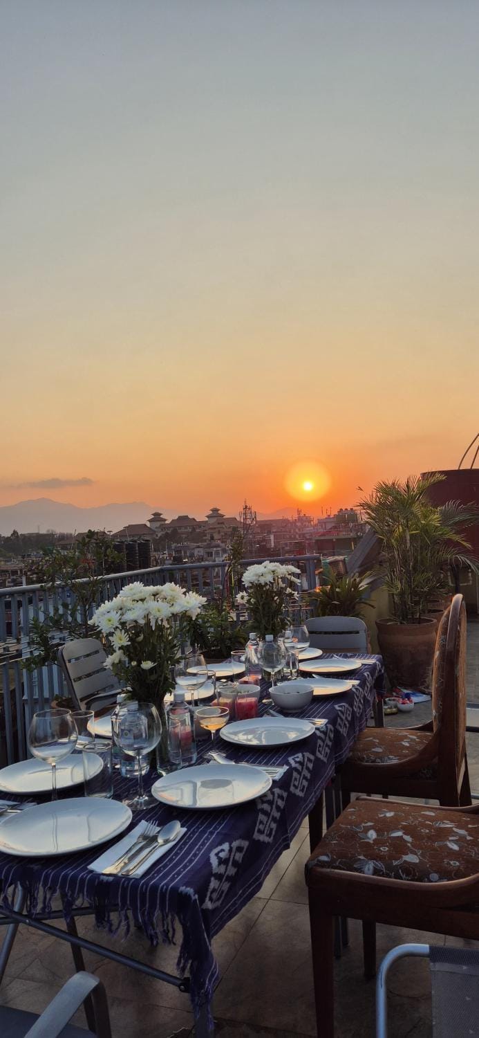 Property building, Patio, Natural landscape, View (from property/room), Sunset