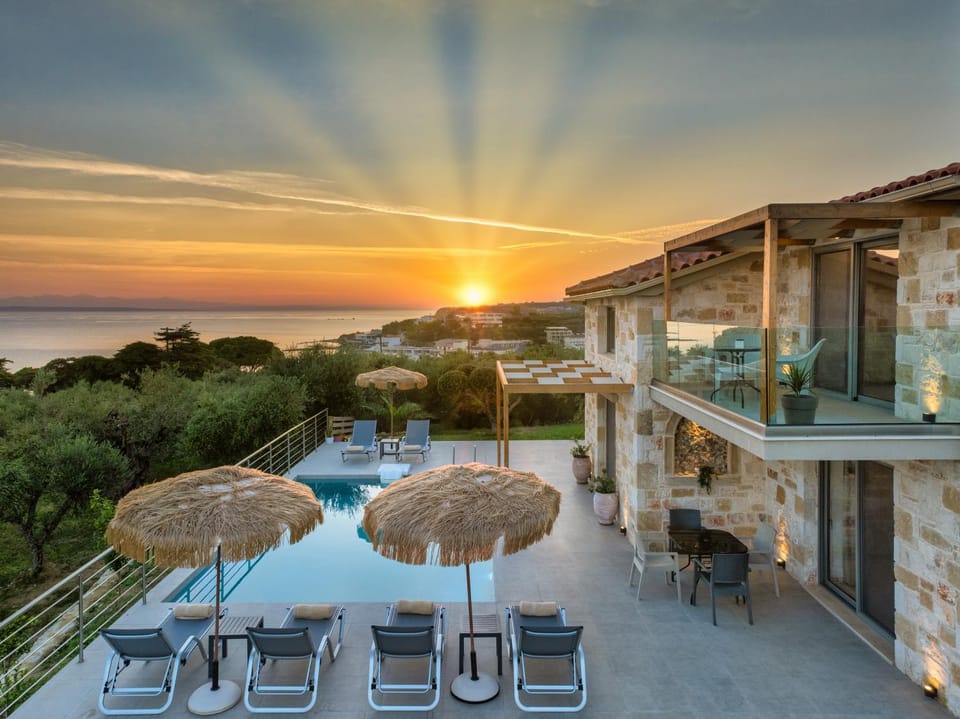 Property building, Patio, Day, Natural landscape, View (from property/room), Balcony/Terrace, Pool view, Sea view, Swimming pool, Sunrise, Sunset, sunbed