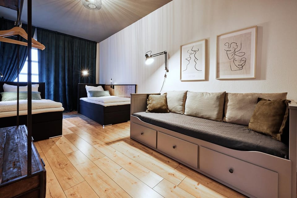 Bed, Seating area, hair dresser, storage