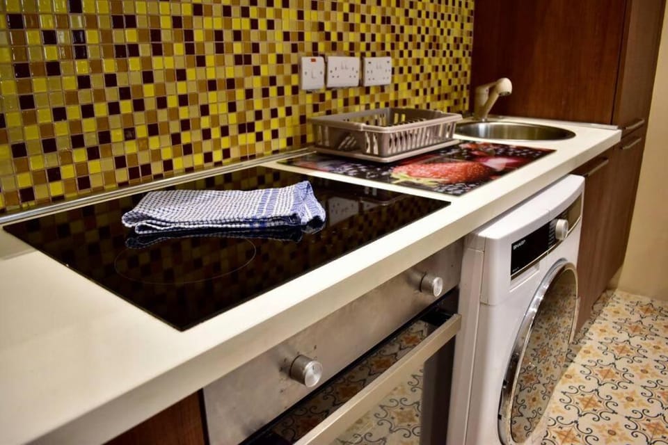 Kitchen or kitchenette, stove, washing machine