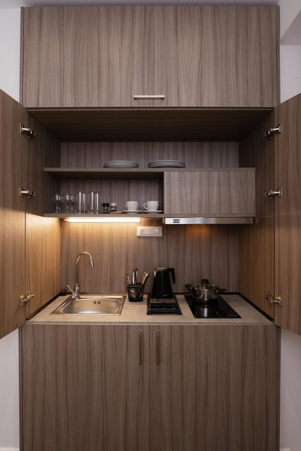 Kitchen or kitchenette, stove