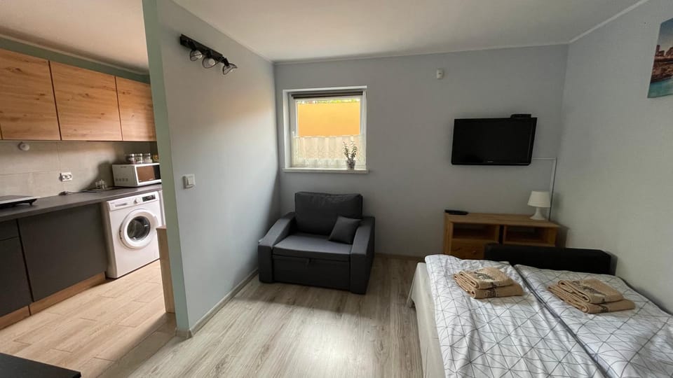 Bed, TV and multimedia, Photo of the whole room, Bedroom, furniture, furniture, towels, towels, laundry, laundry, washing machine, washing machine