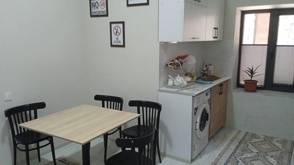 Kitchen or kitchenette, Seating area, Dining area, stove, washing machine