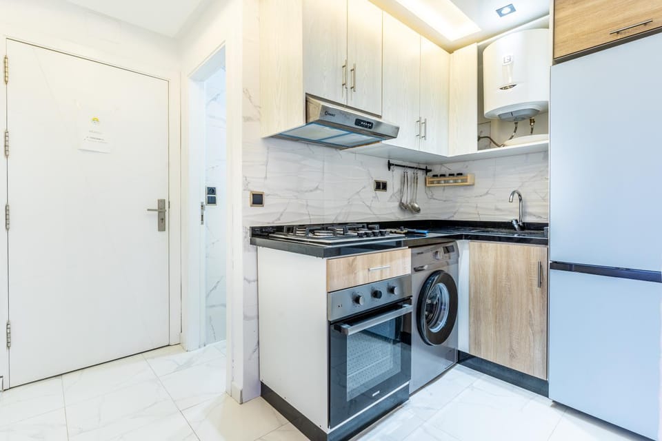 Kitchen or kitchenette, oven, stove, washing machine